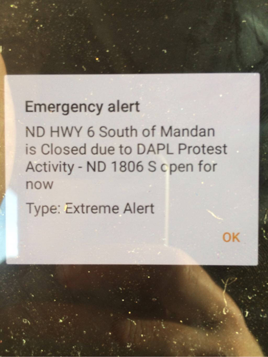 "Extreme" emergency alert received via text message by a water protector.