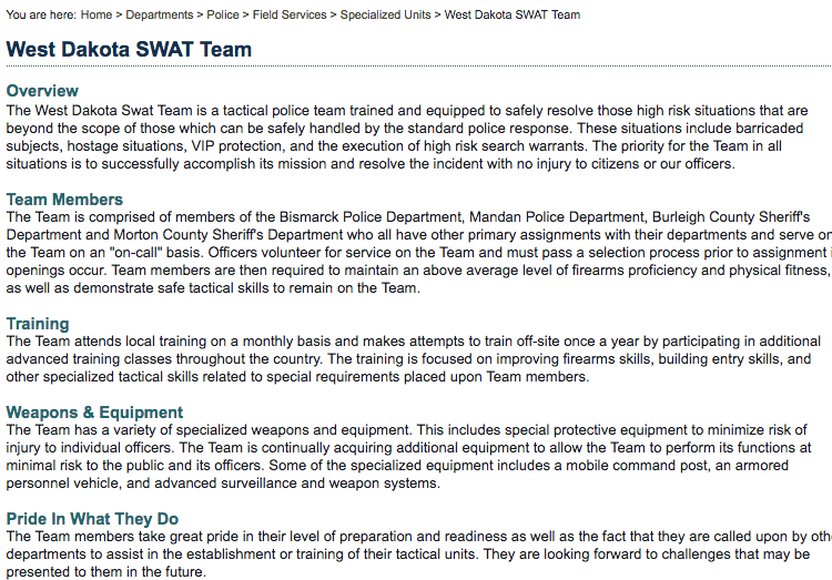 A cached version of the West Dakota SWAT page on the Bismarck city website