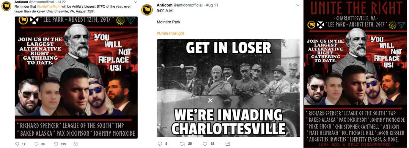Anticom's Charlottesville materials highlighted their affiliation with white supremacists, using images of Adolf Hitler, Richard Spencer, Matthew Heimbach of the Traditional Workers Party, 'Baked Alaska' (Anthime 'Tim' Gionet) and 'Augustus Sol Invictus' (Austin Gillespie) as well as League of the South, TWP and Identity Evropa logos alongside their own.